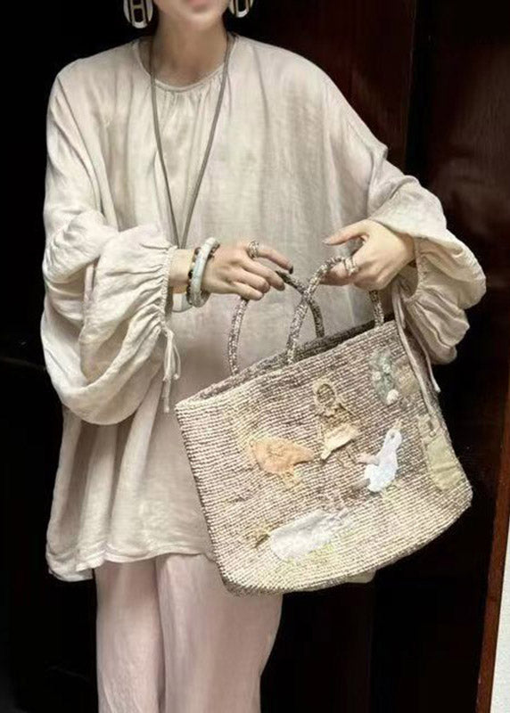 Loose Beige O-Neck Solid Top Lantern Sleeve