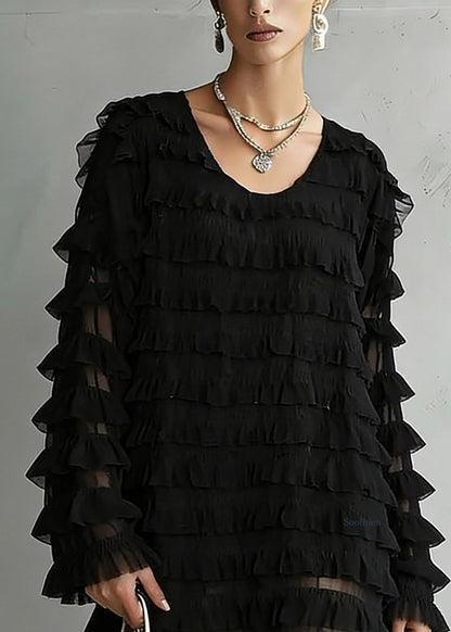 Loose Black O-Neck Chiffon Top Long Sleeve