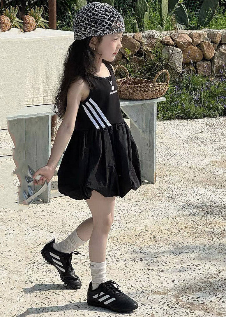 Loose Black O-Neck Print Girls Mid Dress Summer