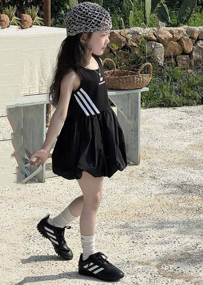 Loose Black O-Neck Print Girls Mid Dress Summer