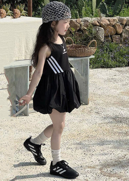 Loose Black O-Neck Print Girls Mid Dress Summer