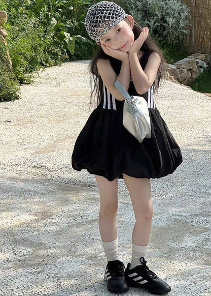 Loose Black O-Neck Print Girls Mid Dress Summer