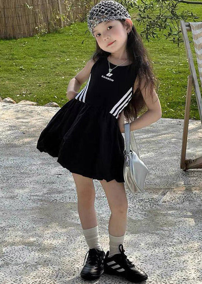 Loose Black O-Neck Print Girls Mid Dress Summer