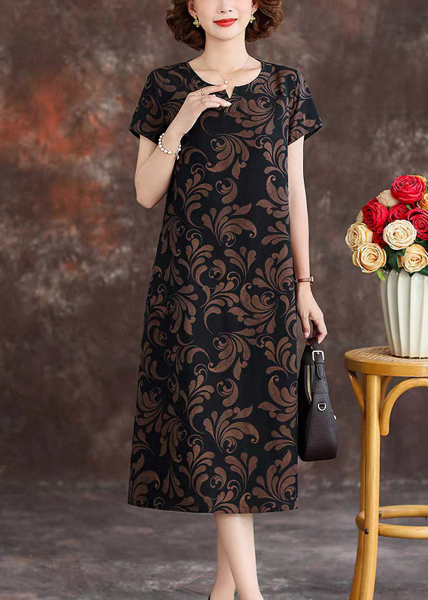 Loose Black O-Neck Print Silk Maxi Dresses Summer