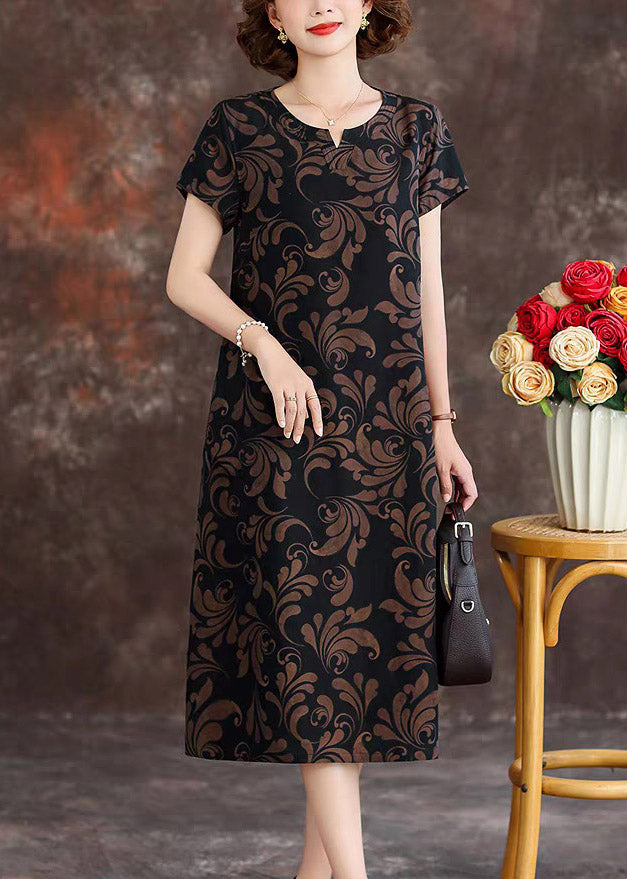 Loose Black O-Neck Print Silk Maxi Dresses Summer