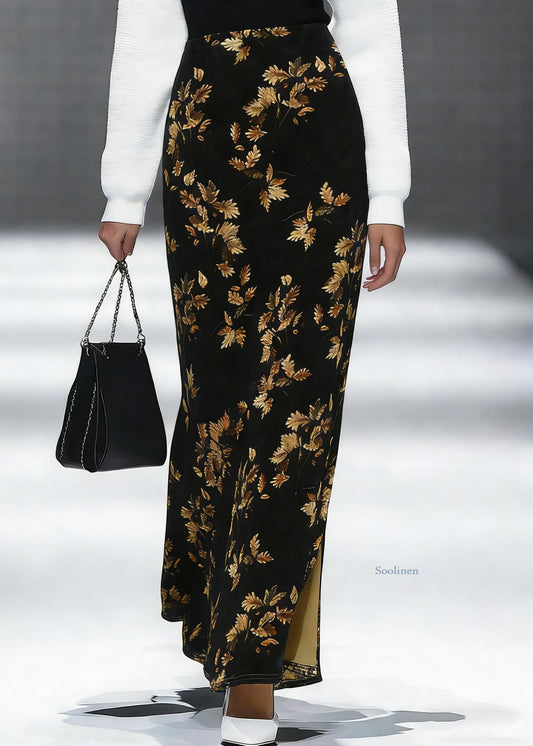 Loose Black Print Side Open Silk Velvet Skirt Spring