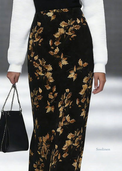 Loose Black Print Side Open Silk Velvet Skirt Spring
