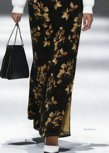 Loose Black Print Side Open Silk Velvet Skirt Spring