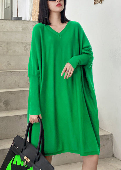 Loose Black V Neck Patchwork Knit Dress Batwing Sleeve