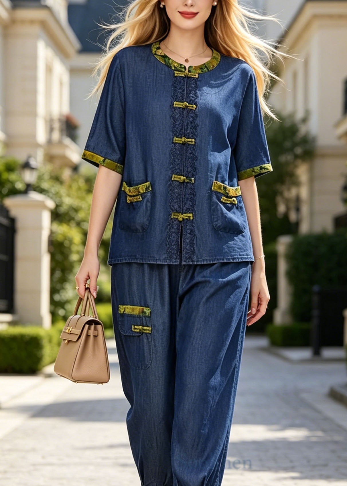 Loose Blue Chinese Button Pockets Cotton Two Pieces Set Summer