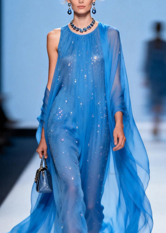Loose Blue O Neck Zircon Patchwork Chiffon Dresses Summer
