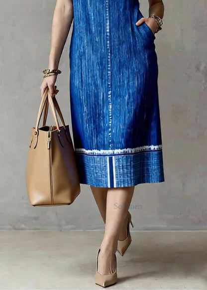 Loose Blue Patchwork Denim Long Dress O-Neck Summer