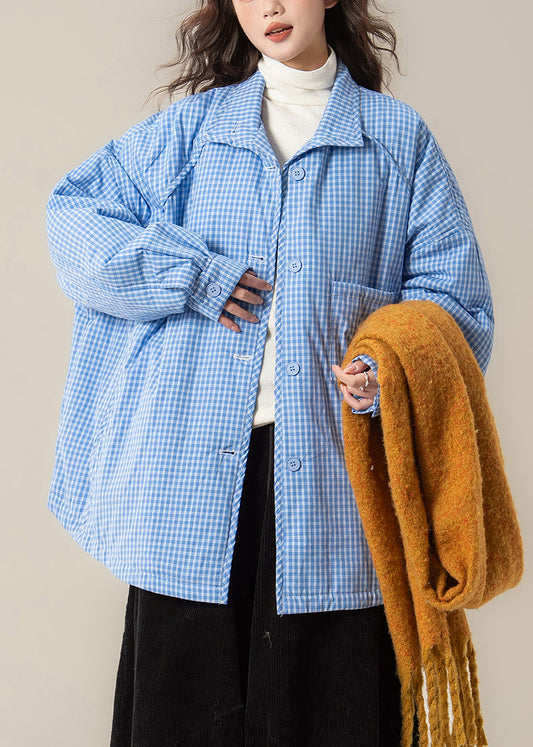 Loose Blue Peter Pan Collar Pockets Plaid Parkas Winter