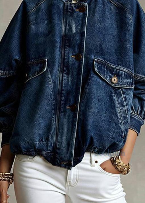 Loose Blue Stand Collar Pockets Denim Jacket Spring