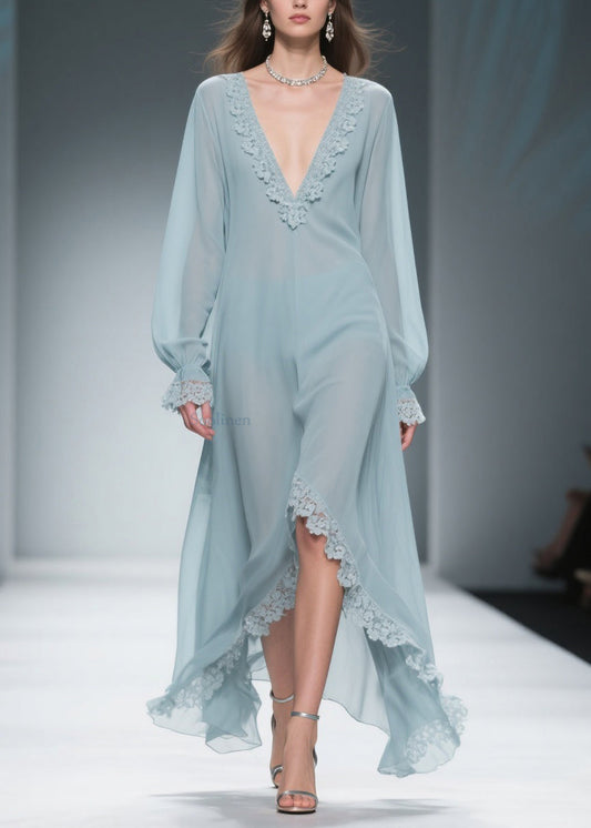 Loose Blue V Neck Lace Chiffon Dresses Flare Sleeve