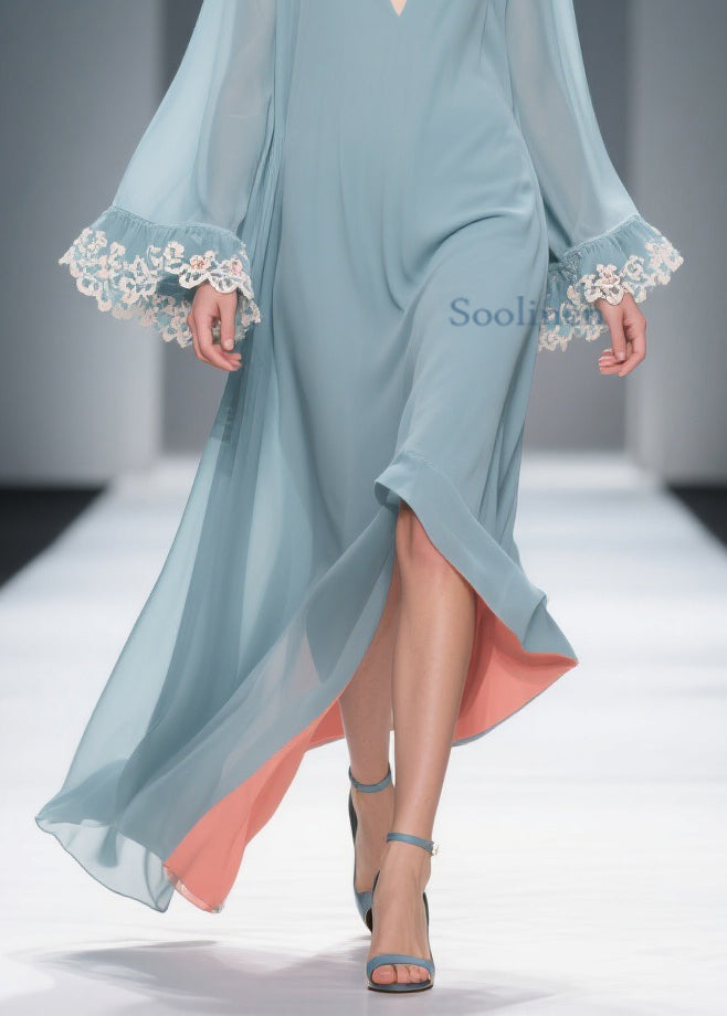 Loose Blue V Neck Solid Chiffon Maxi Dresses Flare Sleeve