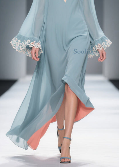 Loose Blue V Neck Solid Chiffon Maxi Dresses Flare Sleeve