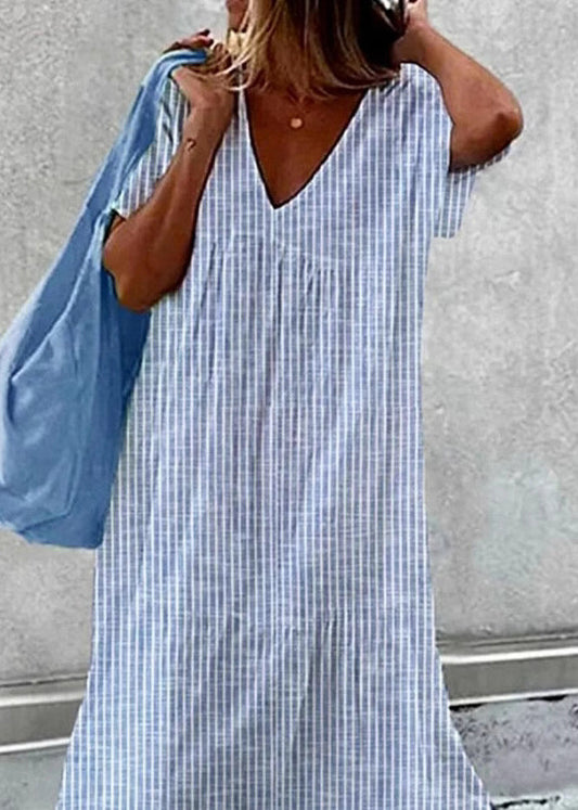 Loose Blue V Neck Striped Cotton Maxi Dresses Summer