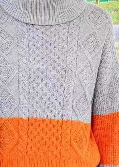 Loose Colorblock Hign Neck Thick Knit Sweater Spring