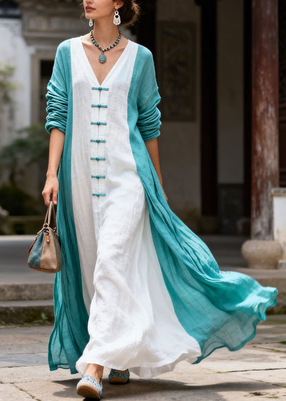 Loose Colorblock V Neck Chinese Button Patchwork Cotton Dress Summer