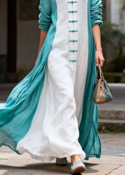 Loose Colorblock V Neck Chinese Button Patchwork Cotton Dress Summer