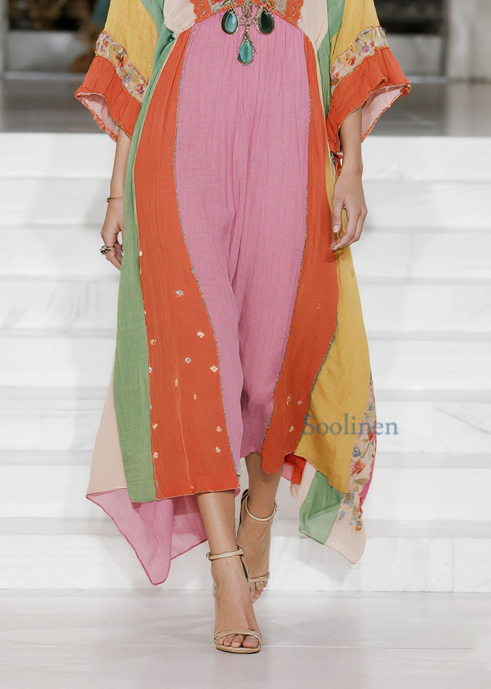 Loose Colorblock V Neck Floral Cotton Dress Summer