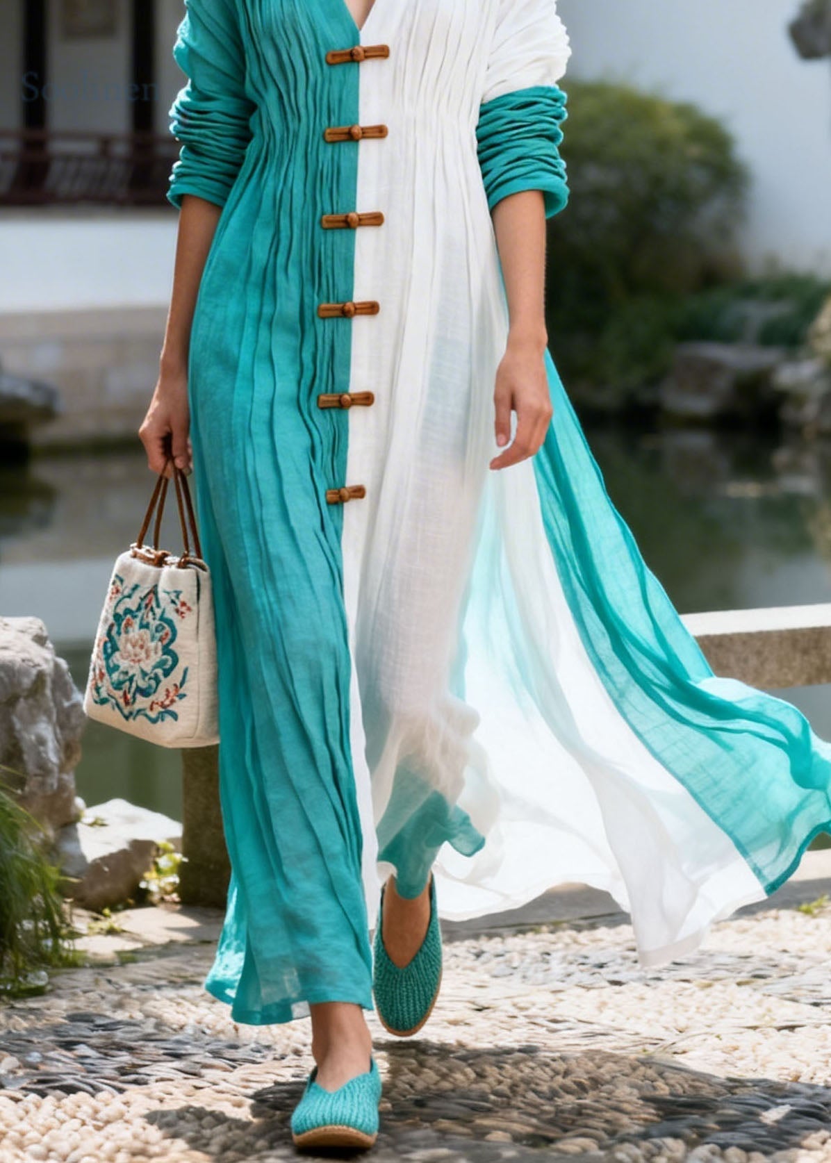 Loose Colorblock V Neck Patchwork Chinese Button Cotton Maxi Dresses Summer