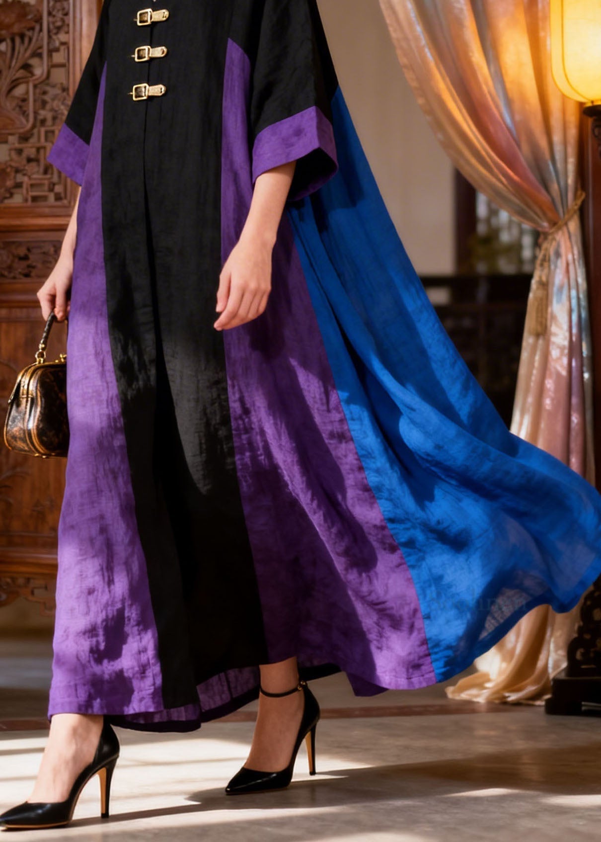 Loose Colorblock V Neck Patchwork Cotton Dress Summer