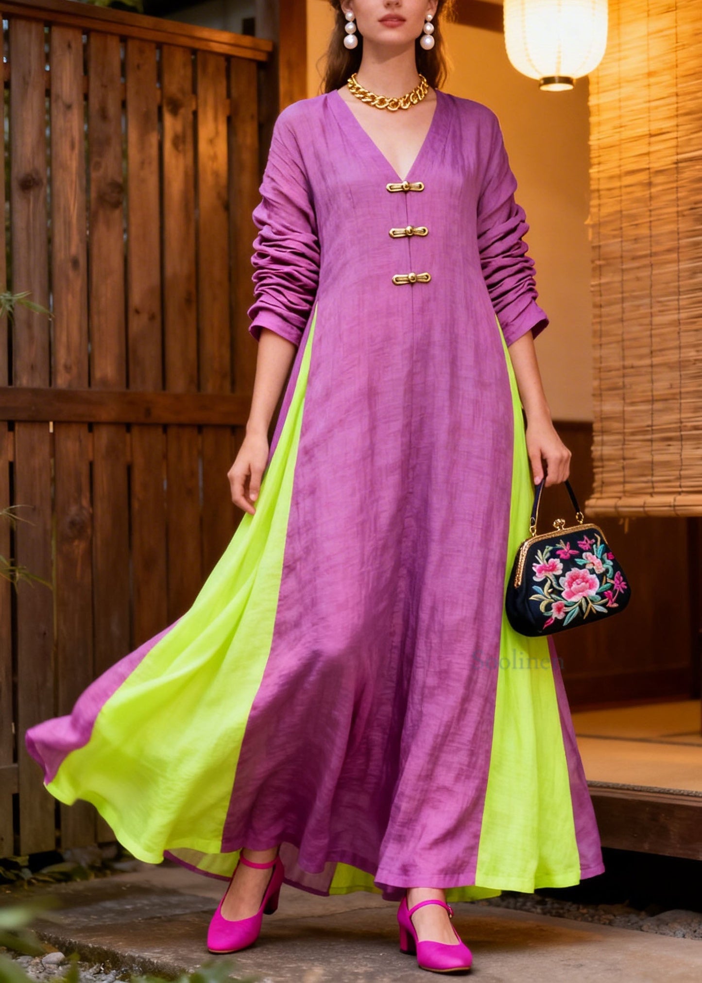 Loose Colorblock V Neck Patchwork Cotton Long Dresses Summer