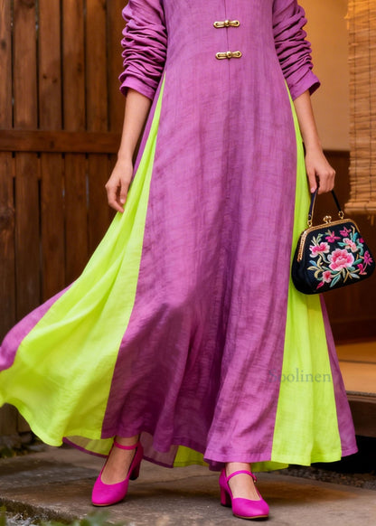 Loose Colorblock V Neck Patchwork Cotton Long Dresses Summer