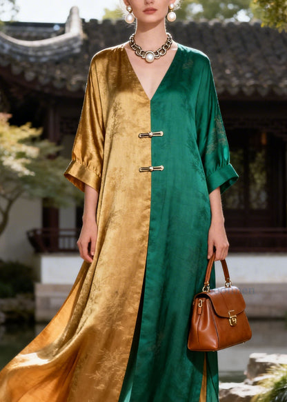 Loose Colorblock V Neck Patchwork Silk Long Dress Summer