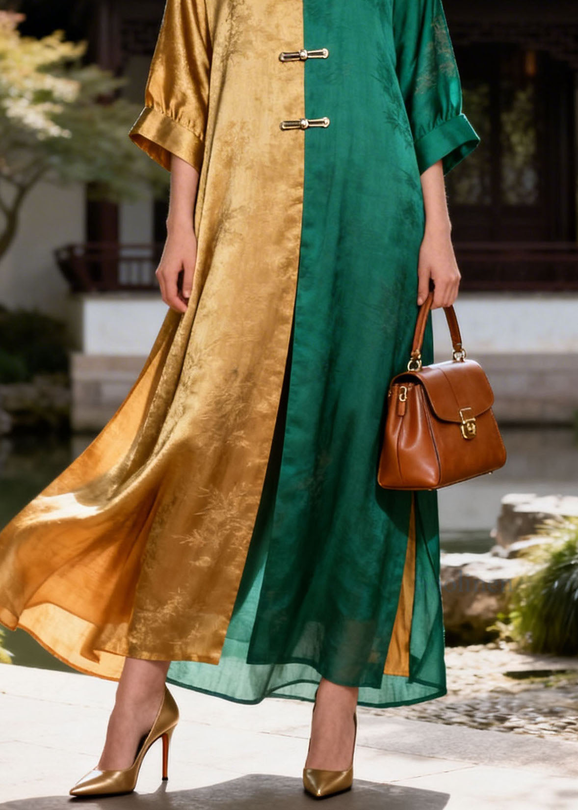 Loose Colorblock V Neck Patchwork Silk Long Dress Summer