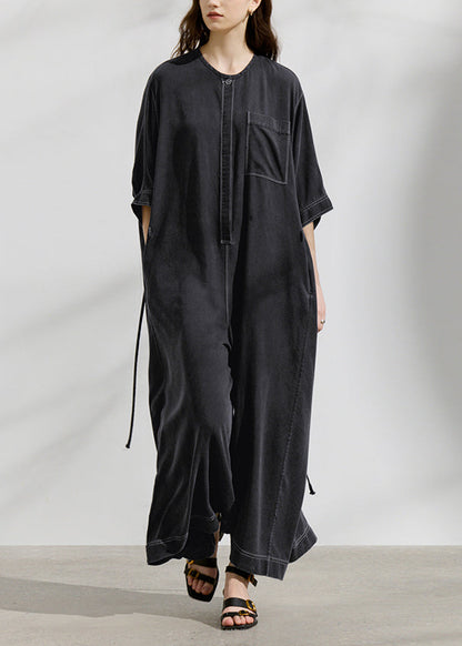 Loose Dark Grey O Neck Pockets Patchwork Cotton Jumpsuit Summer