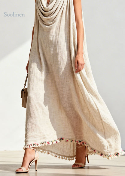 Loose Draped Neckline Floral Patchwork Linen Maxi Dresses Sleeveless