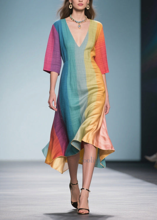 Loose Gradient Color V Neck Linen Silk Maxi Dress Summer