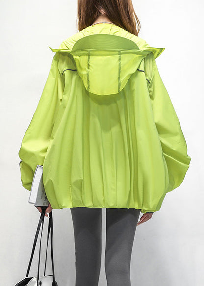 Loose Green Hooded Drawstring Patchwork Cotton Coat Summer