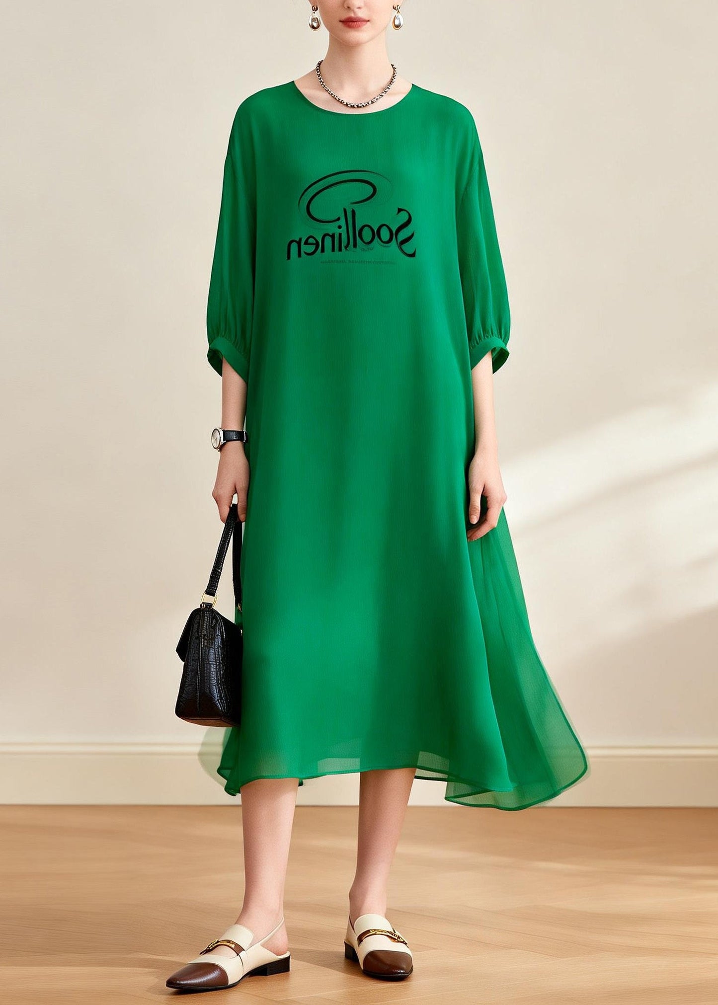 Loose Green O Neck Print Chiffon Dress Summer