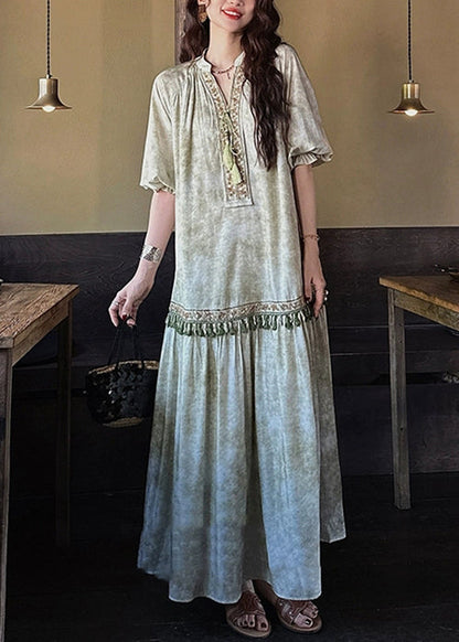 Loose Green Tasseled Silk Long Dresses Butterfly Sleeve