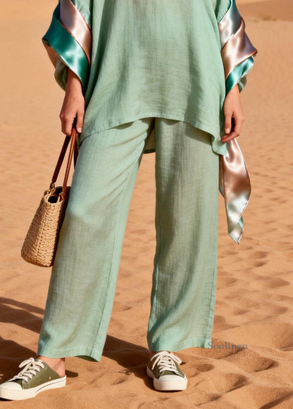 Loose Green V Neck Silk Patchwork Linen Two Piece Set Spring