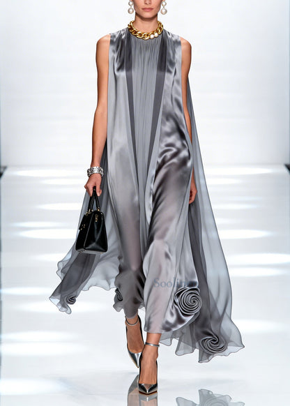 Loose Grey Oversized Stereoscopic Floral Chiffon Long Dress Sleeveless