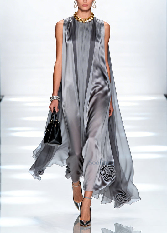 Loose Grey Oversized Stereoscopic Floral Chiffon Long Dress Sleeveless