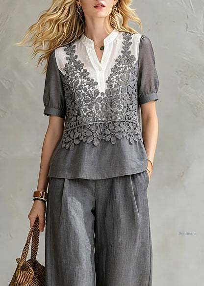 Loose Grey Stand Collar Floral Shirt And Wide Leg Pants Two Pieces Set Summer