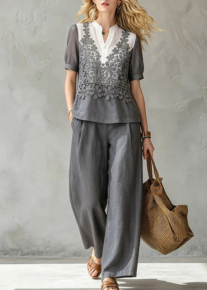 Loose Grey Stand Collar Floral Shirt And Wide Leg Pants Two Pieces Set Summer