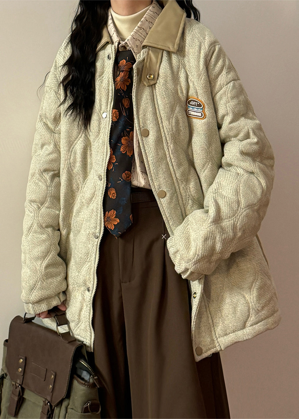 Loose Light Beige Peter Pan Collar Drawstring Faux Leather Patchwork Coat Winter