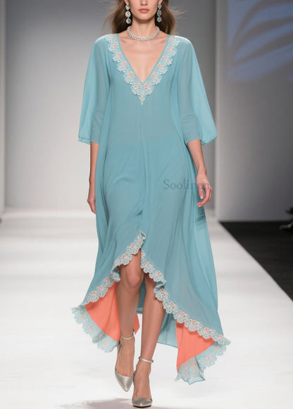 Loose Mint Green Blue Asymmetrical Lace Chiffon Dress Half Sleeve
