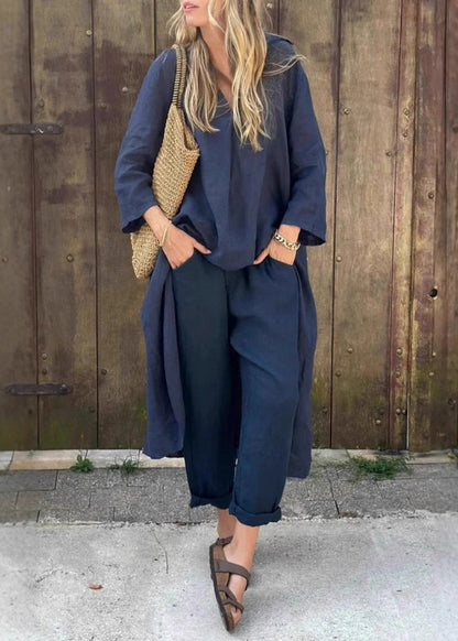 Loose Navy Patchwork Solid Shirts And Harem Pants Two Pieces Set Fall