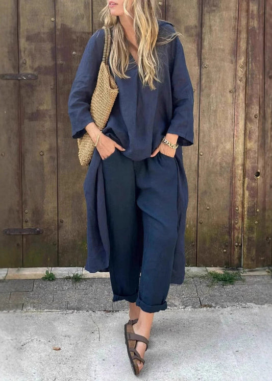Loose Navy Patchwork Solid Shirts And Harem Pants Two Pieces Set Fall