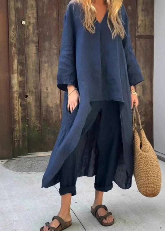 Loose Navy Patchwork Solid Shirts And Harem Pants Two Pieces Set Fall