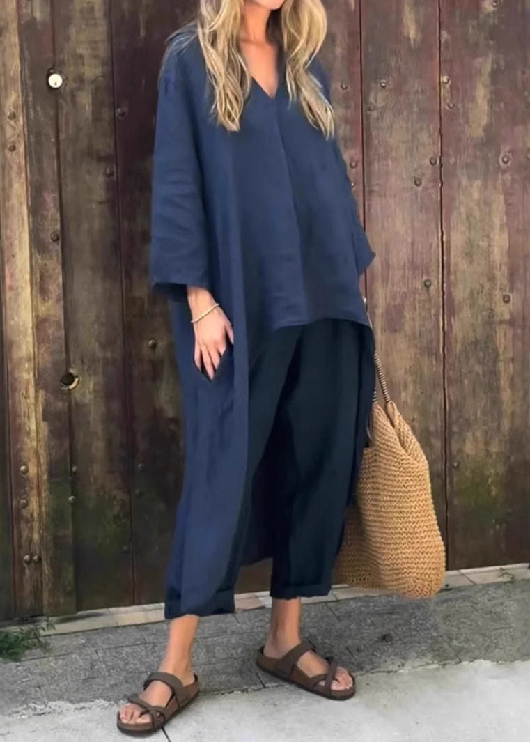 Loose Navy Patchwork Solid Shirts And Harem Pants Two Pieces Set Fall
