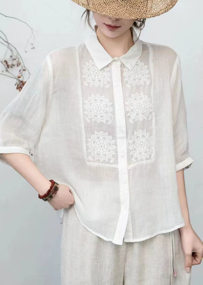 Loose Orange Peter Pan Collar Embroidered Linen Tops Summer